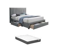Vente-unique-Cama con 3 cajones 160 x 200 cm - Tela - Gris + Colchón - LIAKO