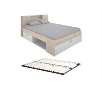 Vente-unique - Cama con cabecera con Almacenamiento y cajones - 140 x 190 cm - Color: Natural y Blanco + Base de Cama - Leandre