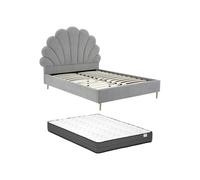 Vente-unique-Cama con cabecero 160 x 200 cm - Tela - Gris Claro + Colchón - LIVAYA