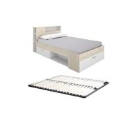 Vente-unique-Cama con cabecero con Compartimentos de Almacenamiento y cajón - 120 x 190cm - Color: Natural y Blanco + Somier - Leandre
