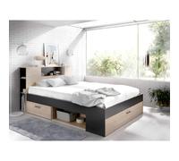 Vente-unique - Cama con cabecero con compartimentos y cajones - 160x200 cm - Color: natural y antracita - LEANDRE Gray
