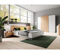 Vente-unique Cama con cabecero de 160 x 200 cm, 2 cajones con LED, Color Blanco y Roble