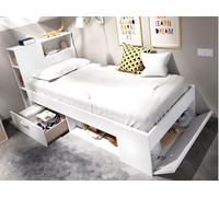 Vente-unique-Cama con cabecero y cajón - 90 x 190 cm - Blanco + colchón + somier - Leandre