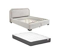 Vente-unique-Cama con cajones 180 x 200 cm - Tela - Beige + ColchÛn - INASTO
