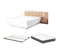 Vente-unique-Cama con mesas de Noche 160 x 200 cm - 2 cajones - con Leds - Blanco y Natural + Somier + colchón - FRANCOLI