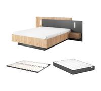 Vente-unique-Cama con mesas de Noche 160 x 200 cm - 2 cajones - con Leds - Color: Natural y Antracita + Somier + colchón - FRANCOLI