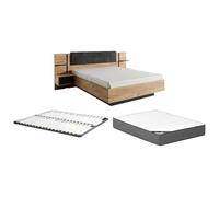Vente-unique Cama con mesita de noche de 140 x 190 cm con LED color natural y antracita + somier + colchón premium - Elynia
