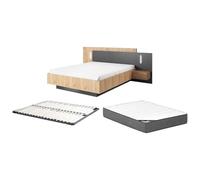 Vente-unique Cama con mesita de noche de 160 x 200 cm - 2 cajones - con LED - Color natural y antracita + somier + colchón Premium - Francoli