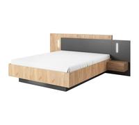 Vente-unique-Cama con mesitas de Noche 140 x 190 cm - 2 cajones - con Leds - Color: Natural y Antracita - FRANCOLI
