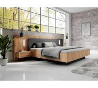 Vente-unique-Cama con mesitas de Noche 140 x 190 cm - 2 cajones - con Leds - Color: Natural y Antracita + Somier - FRANCOLI