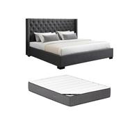 Vente-unique-Cama de 200 x 200 cm con cabecero capitoné - Tela - Gris + Colchón - Massimo