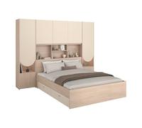 Vente-unique-Cama Puente 140 x 190 cm con Almacenamiento - con Leds - Colores: Beige y Natural - DOMELITO