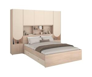 Vente-unique-Cama Puente 140 x 190 cm con Almacenamiento - con Leds - Colores: Beige y Natural - DOMELITO