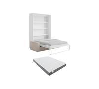 Vente-unique - Cama retráctil de 160 x 200 cm - Apertura vertical manual - con LED - Blanco y natural + Sofá de pana beige + colchón - Rapili