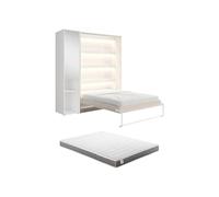 Vente-unique - Cama retráctil vertical de 140 x 200 cm, 1 espacio de almacenamiento, con espejo y LED, beige + colchón, Rapili