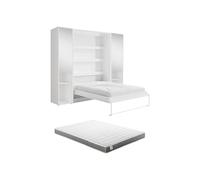 Vente-unique - Cama retráctil vertical de 140 x 200 cm, 2 columnas de almacenamiento, con espejos y LED, color blanco + colchón, Rapili