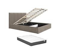 Vente-unique-CanapÈ abatible de 160 x 200 cm con cabecero de Costuras Verticales - Tela - Taupe - con colchÛn - KILACLO