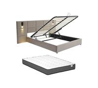 Vente-unique-Canapé abatible de 160 x 200 cm con cabecero y lámpara integrada - Terciopelo - Topo + Colchón - SARETO