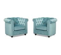 Vente-unique-Conjunto de 2 sillones de Terciopelo Chesterfield - Azul Pastel