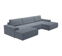 Vente-unique-Gran sofá Cama rinconero panorámico en Tejido Texturizado Azul Amelia