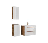 Vente-unique-Mueble de baño suspendido con Lavabo encastrable y Dos columnas - 80 cm - Color Natural y Blanco Aruba
