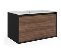Vente-unique-Mueble de baÒo Flotante con Lavabo encastrado - Color Natural Oscuro y Negro - 80 cm - BANIVA