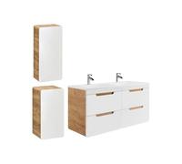 Vente-unique-Mueble de baÒo Flotante con Lavabo encastrado y Dos columnas - 120 cm - Color Natural y Blanco - Aruba