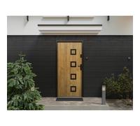 Vente-unique - Puerta de entrada de acero con inox 207 x 100 cm efecto roble - izquierda - TIFANA Beige