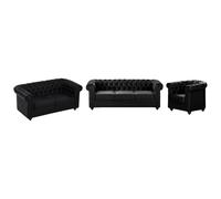 Vente-unique - Sillón de 3 plazas, 2 plazas y sillón de piel sintética negra Chesterfield