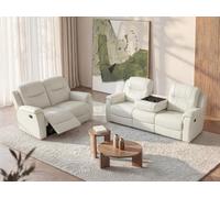 Vente-unique-Sofá 3+2 plazas Relax Evasion de Piel - Blanco Marfil - con Bandeja portavasos