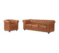 Vente-unique - Sofá 3 plazas + Sillón Chesterfield - Piel - Camel