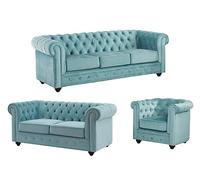 Vente-unique - Sofá 3 plazas + Sofá 2 plazas+ Sillón Chesterfield - Terciopelo - Azul Celeste