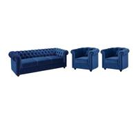 Vente-unique Sofá 3 plazas y 2 sillones de Terciopelo Chesterfield - Azul Noche