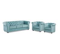 Vente-unique-Sofá 3 plazas y 2 sillones de Terciopelo Chesterfield - Azul Pastel
