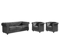 Vente-unique-Sofá 3 plazas y 2 sillones de Terciopelo Chesterfield - Gris Antracita