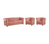 Vente-unique Sofá 3 plazas y 2 sillones de Terciopelo Chesterfield - Rosa Polvo