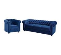 Vente-unique Sofá 3 plazas y Sillón de Terciopelo Chesterfield - Azul Noche
