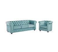 Vente-unique-Sofá 3 plazas y sillón de Terciopelo Chesterfield - Azul Pastel