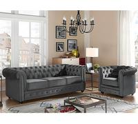 Vente-unique-Sofá 3 plazas y sillón de Terciopelo Chesterfield - Gris Antracita