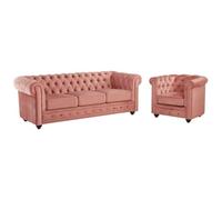 Vente-unique-Sofá 3 plazas y sillón de Terciopelo Chesterfield - Rosa Polvo