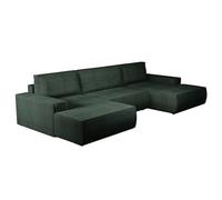 Vente-unique - Sofá cama esquinero panorámico de terciopelo acanalado verde oscuro AMELIA