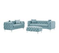 Vente-unique-Sofá de 3 plazas, 2 plazas y puf chÈster en Terciopelo Azul Pastel Edwina