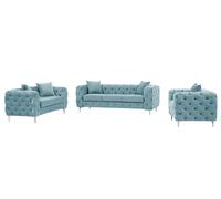 Vente-unique-Sofá de 3 plazas, 2 plazas y Sillón chÈster en Terciopelo Azul Pastel Edwina