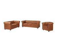 Vente-unique-Sofá de 3 plazas, 2 plazas y Sillón de Piel de Vaca Color Camel Chesterfield