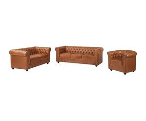 Vente-unique-Sofá de 3 plazas, 2 plazas y Sillón de Piel de Vaca Color Camel Chesterfield