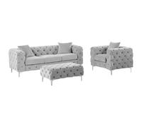 Vente-unique-Sofá de 3 plazas, Sillón y puf chÈster de Terciopelo Gris Claro Edwina
