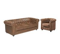 Vente-unique - Sofá de 3 plazas y Sillón Chesterfield de Microfibra Efecto Cuero Envejecido