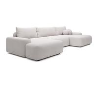 Vente-unique - Sofá esquinero grande panorámico plegable en tela texturizada, color beige, Daviso