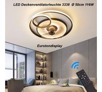 Ventilador de techo con iluminación LED, modelo 3338. Lámpara de techo negra, diámetro 50 cm, 116W, con mando a distancia. Permite ajustar el color y la intensidad de la luz, con función de atenuación