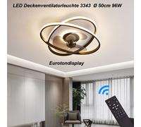 Ventilador de techo con iluminación LED, modelo 3343. Lámpara de techo negra, diámetro 50 cm, 96W, con control remoto. Permite ajustar el color y la intensidad de la luz, con función de atenuación. Lá